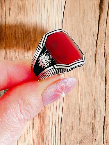 Otomano Emblema Motivo Plano Rojo Piedra Ágata 925 Plata de Ley Hombre Anillo - Imagen 3 de 6