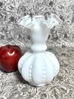 Antique Fenton Glass White Silver Crest Melon Bead Ruffled Vase 6 1/2"