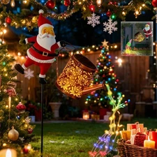 Solar Santa Claus Watering Can Light, Vintage Metal Outdoor Hanging Lantern f...