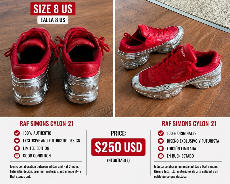Raf Simons Cylon-21 Men's Low Top Lace-Up Sneakers Red/Silver Rubber Sole