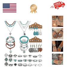 Bohemian Jewelry Set With Turquoise Necklace, Dangle Earrings, Stackable Bang...