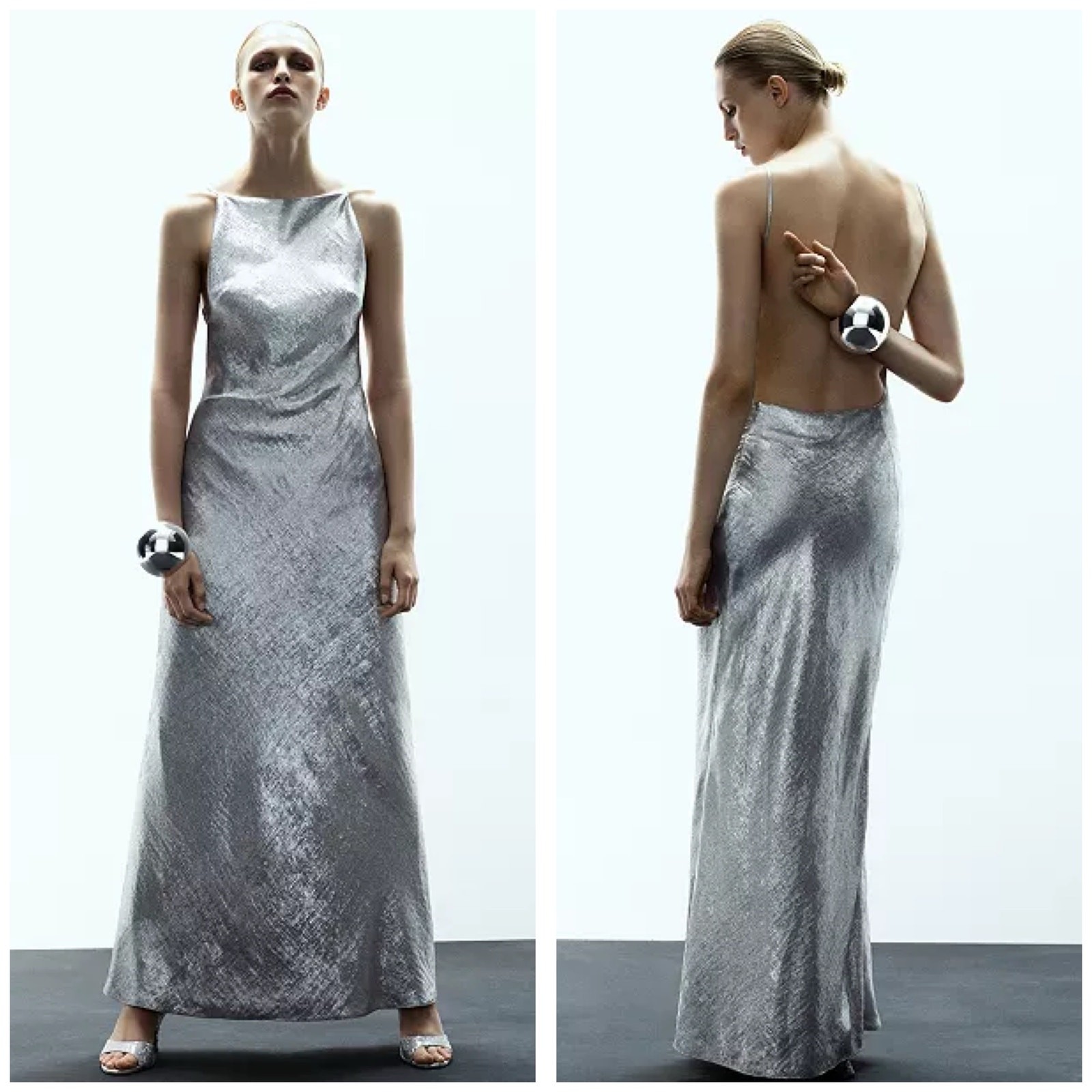 Mango Collection Metallic Open Back Maxi Dress Size 6 Silver Formal Wedding