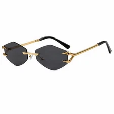 Hexagon Rimless Gold Frame Stylish Black Gradient Tinted Lens Sunglasses