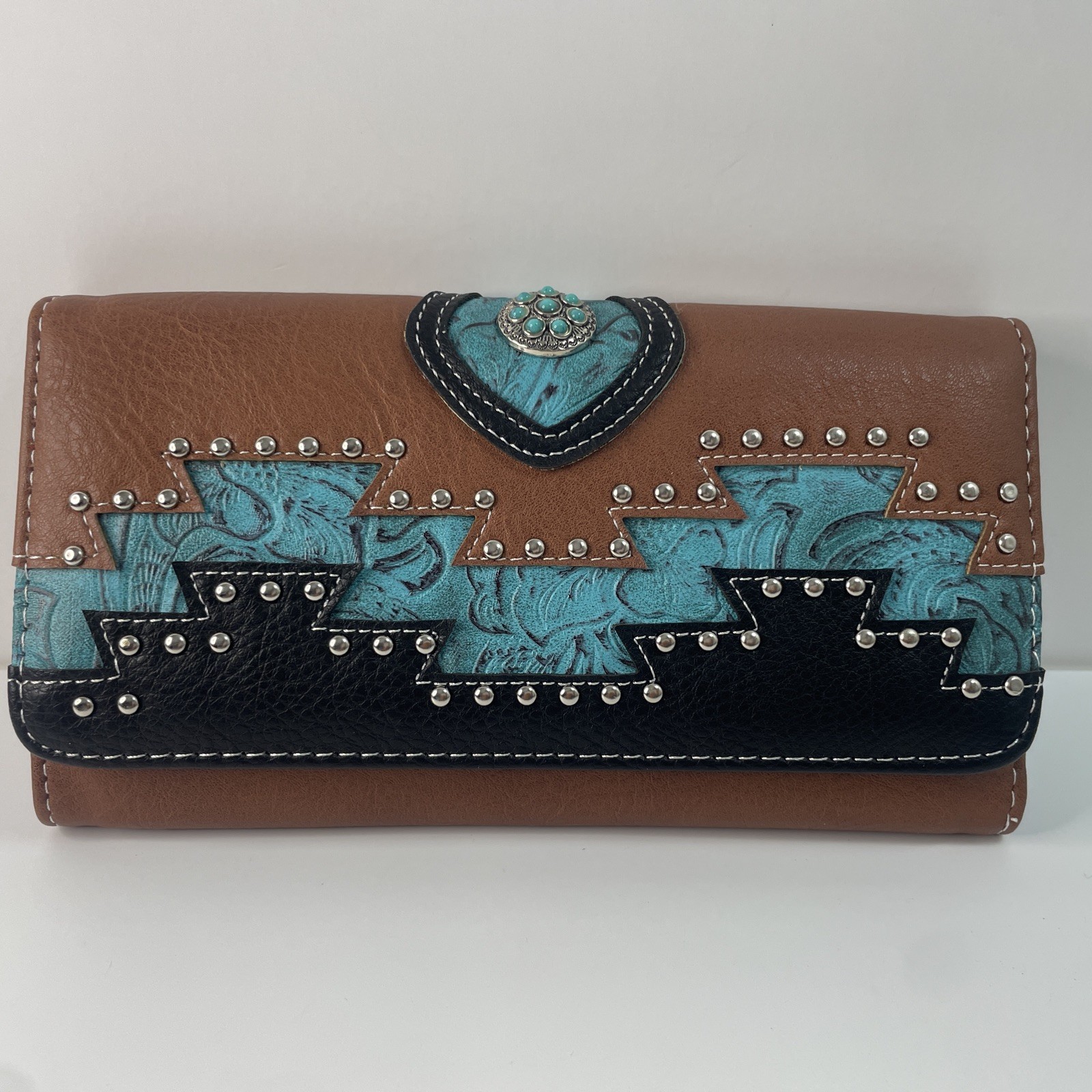 Western Women’s Wallet Brown Faux Leather Turquoise Tooled Accents Studded NWOT