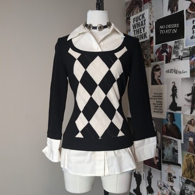 Argyle Knit Layered Look Sweater Y2k Top