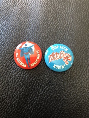 1966 Set Of 2 ''WHA-RAMM STOP THEM ROBIN!'' +  BATMAN Bruce Wayne  Pinback Buttons