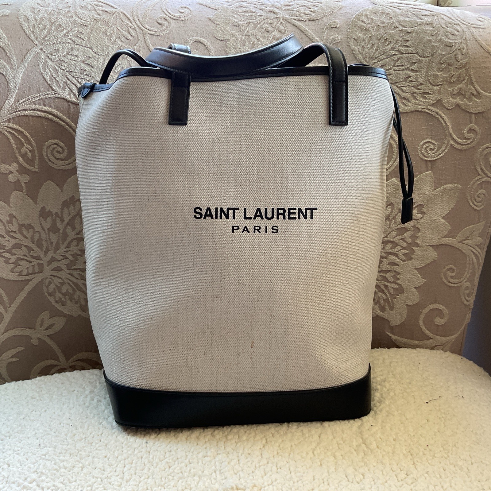 Saint Laurent Teddy Bucket Bag White Canvas/Leather