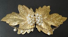 Vintage Belt Buckle Gold Tone Oak Maple Leaf Faux Pearl Interlocking