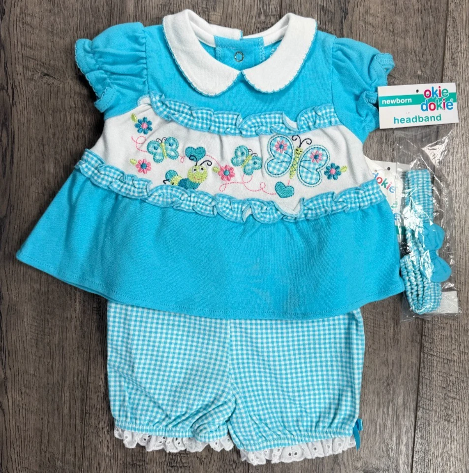 Baby Girl Clothes New Vintage Okie Dokie 0-3 Month 3pc Blue Butterfly Outfit