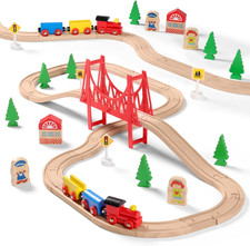 Wooden Train Set for Toddlers, Double-Sided Tracks, Expandable Toy Train