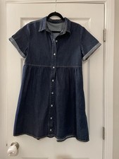 Women  s Blue Denim Button Up Dress With Short Sleeves