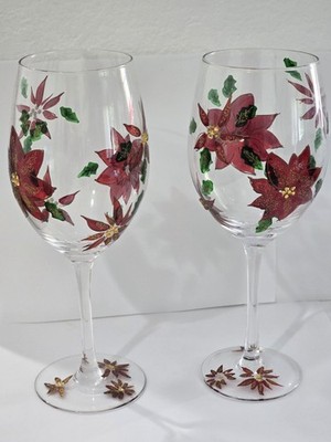 Wine Glasses Hand Painted Set of 2 Christmas Pointsettia