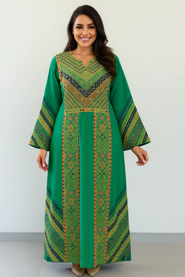 Tatreez Thobe verde esmeralda | Vestido Abaya bordado palestino | Thobe verde Foto 2 de 4