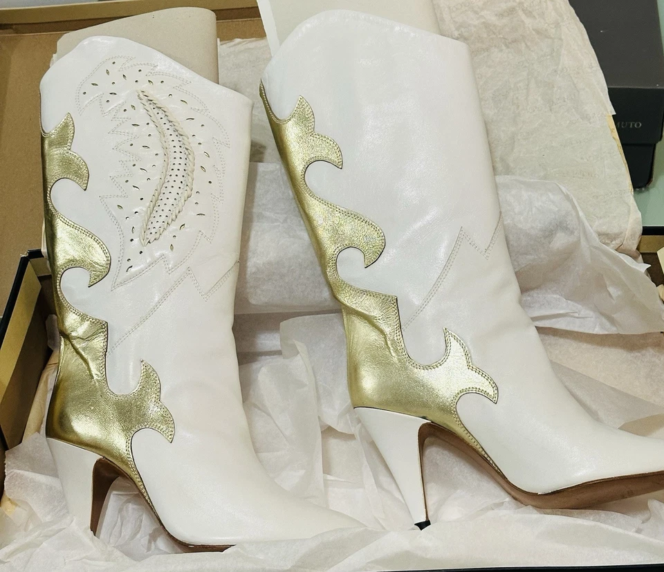 Botas de cuero blancas vintage años 80 Sacha London Gold Flames Rocker talla 8,5B para mujer Foto 4 de 4