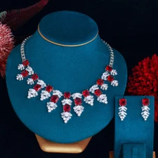 Square Crystal Cubic Zircon Red Necklace Earrings Charming Jewelry Set for Women