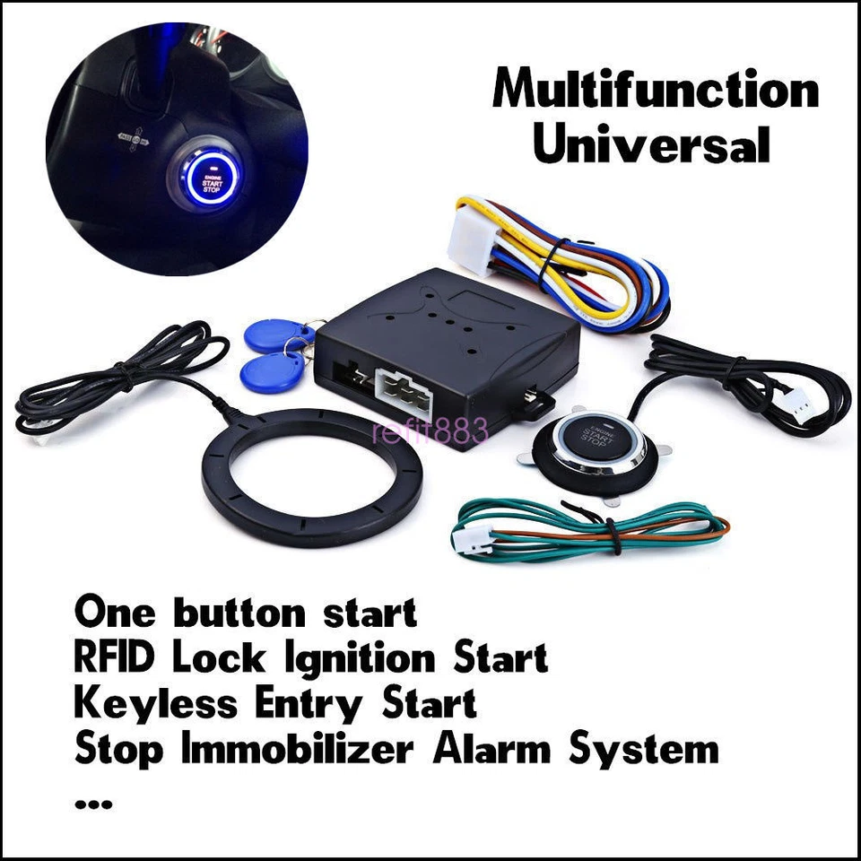 Car Push Start Button RFID Lock Engine Starter Ignition Car Alarm Keyless Entry Foto 4 de 4