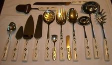 14 PC SHEFFIELD ENGLAND STAINLESS STEEL CERAMIC HANDLE SERVING SET  GREEN FLORAL