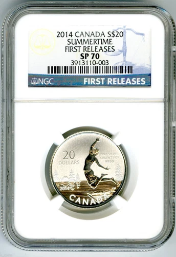 2014 $20 CANADA SILVER SUMMERTIME NGC SP70 FIRST RELEASES BLUE LABEL 1/4 OUNCE