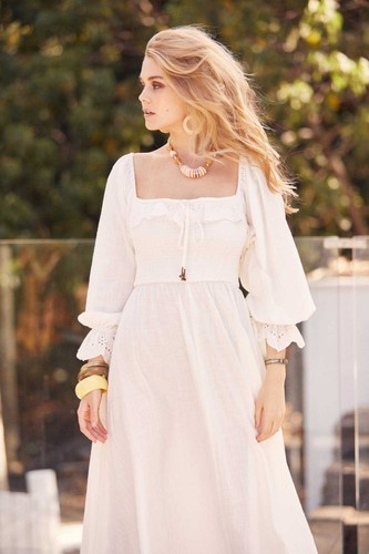 Nine Lives Bazaar ~ Jenny Shirred Dove Dress White Cotton Midi S AU 8 10 US 4 6 - Picture 8 of 17