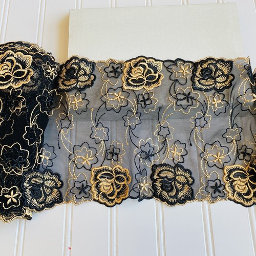 Black & Yellow Embroidered Double-edged Lace Trim/ Sewing/Crafts/Bridal/7" Wide - Picture 8 of 12