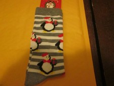 Holiday Penguin Socks Gray White with Multicolor Penguins New Size 9-11