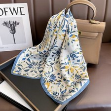 100 Mulberry Silk 26" Square Scarf Women Neckerchief Wrap Geometic Blue Flowers