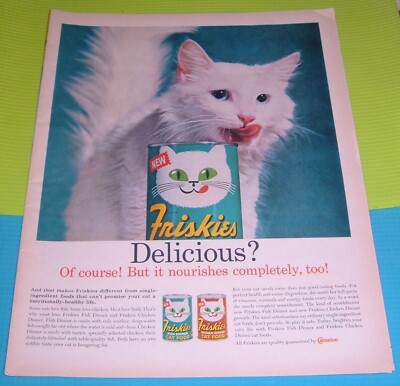 1961 PRINT AD ~ NEW FRISKIES CAT FOOD CAN WHITE TABBY FISH & CHICKEN DINNER