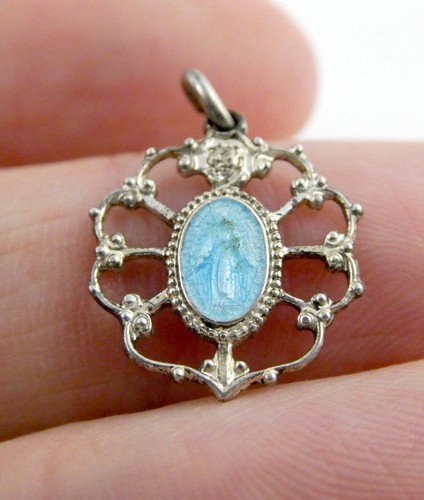 Vintage Sterling Silver Guilloche Enamel Blue Blessed Mother Mary Pendant Charm