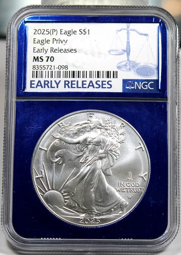 2025 (P) American Silver Eagle - NGC Graded Blue Core MS70, Eagle Privy !!