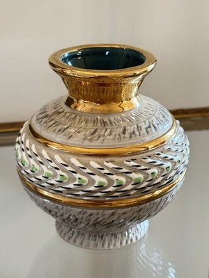 Vintage Enameled Stoneware Vase Gold, Off White & Green Motif Signed J. Breugnot