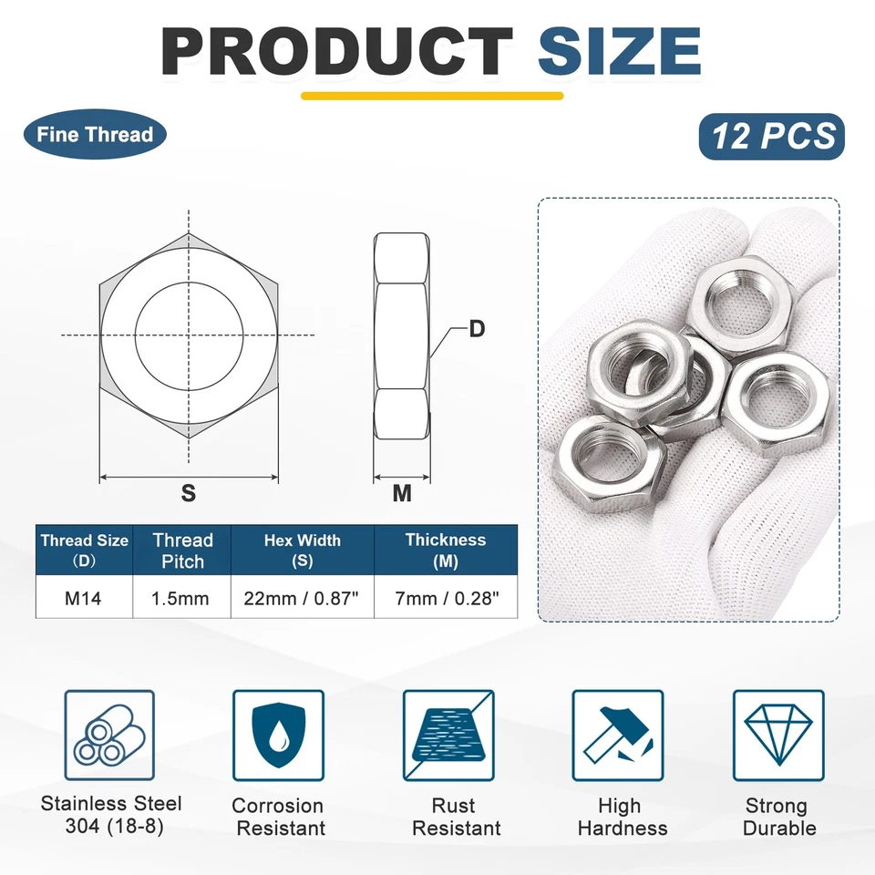 12 Stück M14x1.5 Stahl Sechskantmuttern 22mm / 0.87" Breite 7mm / 0.28" Höhe - Bild 2 von 4