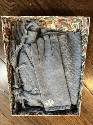 Tory Burch Gray Gloves And Scarf Set New In Box One Size