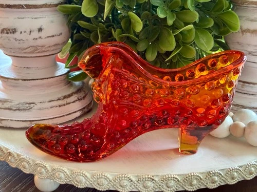 Vintage FENTON Art Glass Amberina Orange HOBNAIL SHOE Puma Cat Slipper