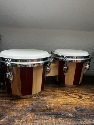 Bongo Set Trommeln Masivholz mit Naturfell und Notenbuch