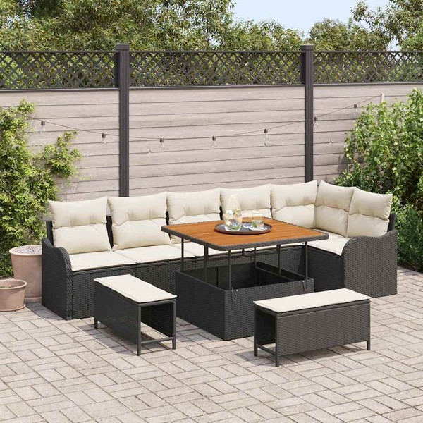 9-Teiliges Garten Sofaset Mit Kissen Schwarz Poly-Rattan Akazie, 2-Sitzer Garten-image