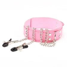Leather Choker Collar with Nipples Breast Clamp Clip Chain Slave BDSM Restraints