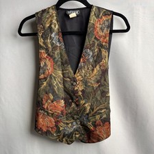 VTG Floral Tapestry Vest Womens S Brocade Waistcoat Retro Boho Cottage 80s 90s