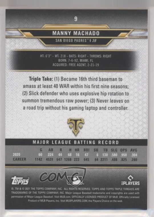 2021 Topps Triple Threads Onyx /50 Manny Machado #9 - Image 2 of 2