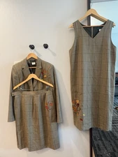 Vintage Harve Benard Wool 3 Piece Suit Dress Skirt Size 14 Brown Check Plaid