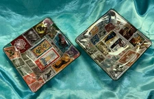 Vintage 1960s Glass Ashtray Square / Set Of 2  U.S. Postage Stamp Decoupage D