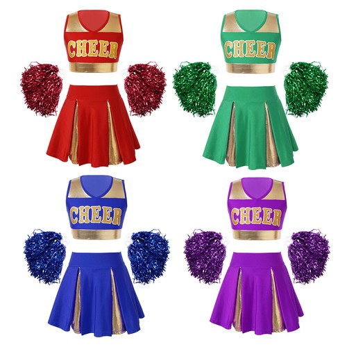 Girls Costume Cheerleading Outfits for Cheer Crop Top with Pleated Skirt and Pom