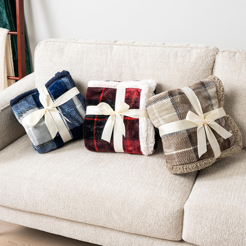 PAVILIA Red Plaid Sherpa Throw Blanket for Couch, Plush Flannel Fleece Blanket a - Picture 7 of 8