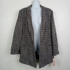Nanette Lepore Blazer Large Very Black White Tweed Open Jacket Workwear NWT