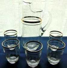 West Virginia Specialty Glass Clear Gold Band Pitcher & Tumbler 6 piece Set