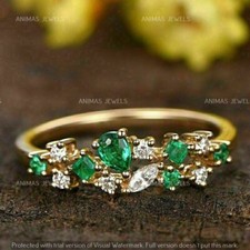 2 Ct Pear Cut Lab-Created Green Emerald Wedding Band Ring 14k Yellow Gold Plated