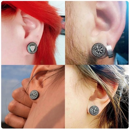 Unisex Stainless Steel Norse Viking Runes Barbell Black Stud Earrings Gift UK - Picture 8 of 21