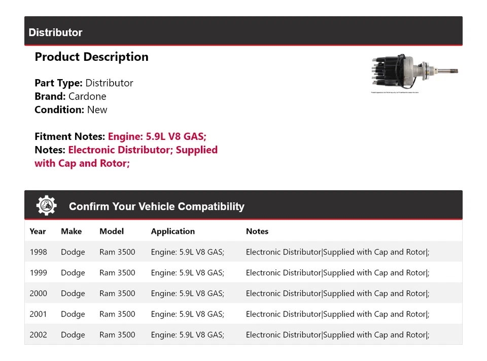 Para Dodge Ram 3500 1998-2002 5,9 L V8 distribuidor de gas Cardone 1999 2000 2001 Foto 2 de 4