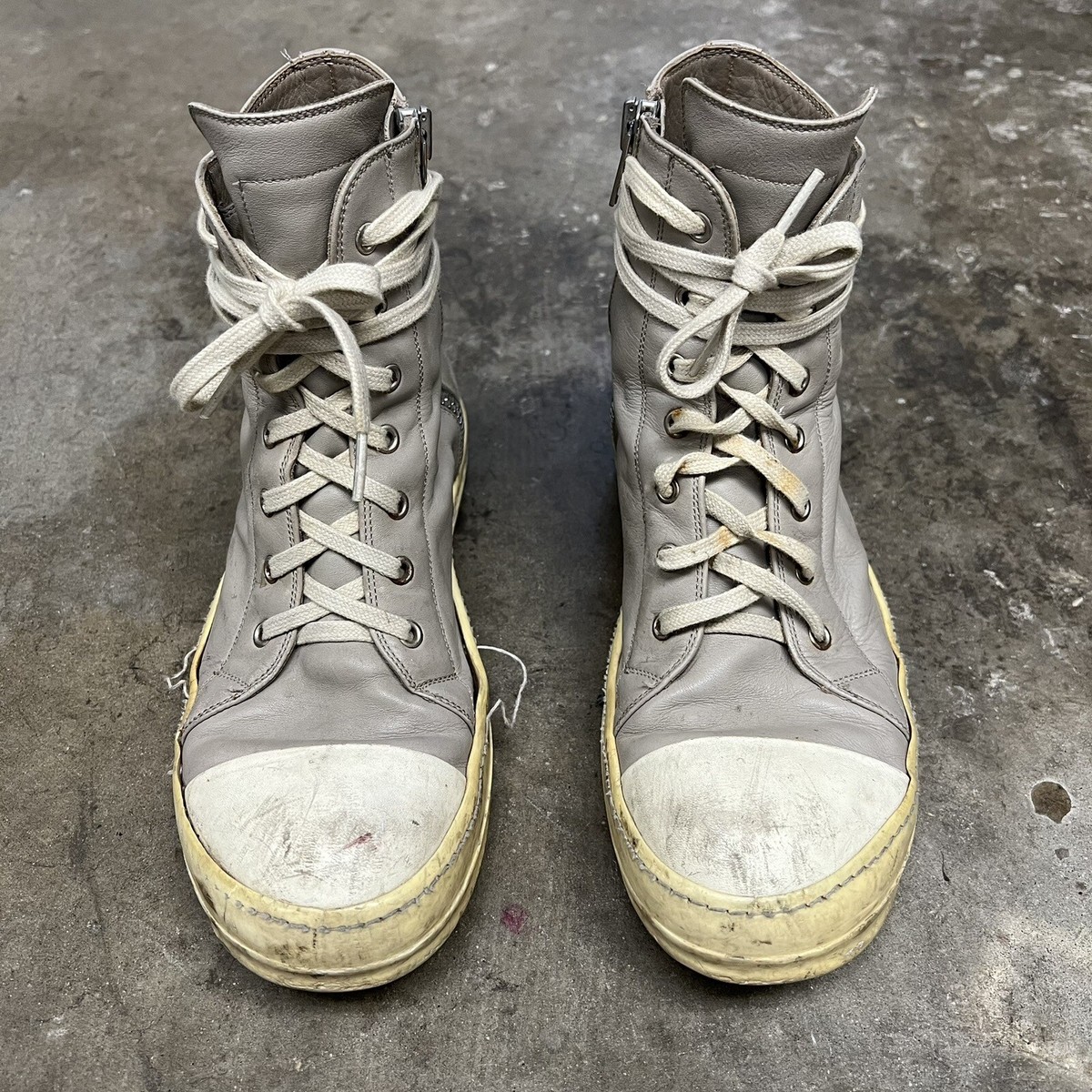RICK OWENS Mainline Pearl Gray High Top Leather Ramones EU RICK OWENS Mainline Pearl Gray High Top Leather Ramones EU