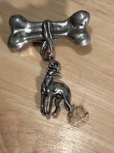 Vintage Silver Tone Great Dane Pin ML Designs 1990 Attached To A Dog Bone