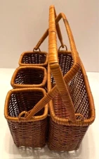 Woven Brown Rattan/Wicker w/Handle Farmhouse/Cookout/Picnic Utensil Caddy